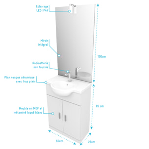 Meuble salle de bain blanc 60 cm sur pied + vasque ceramique blanche + miroir applique led