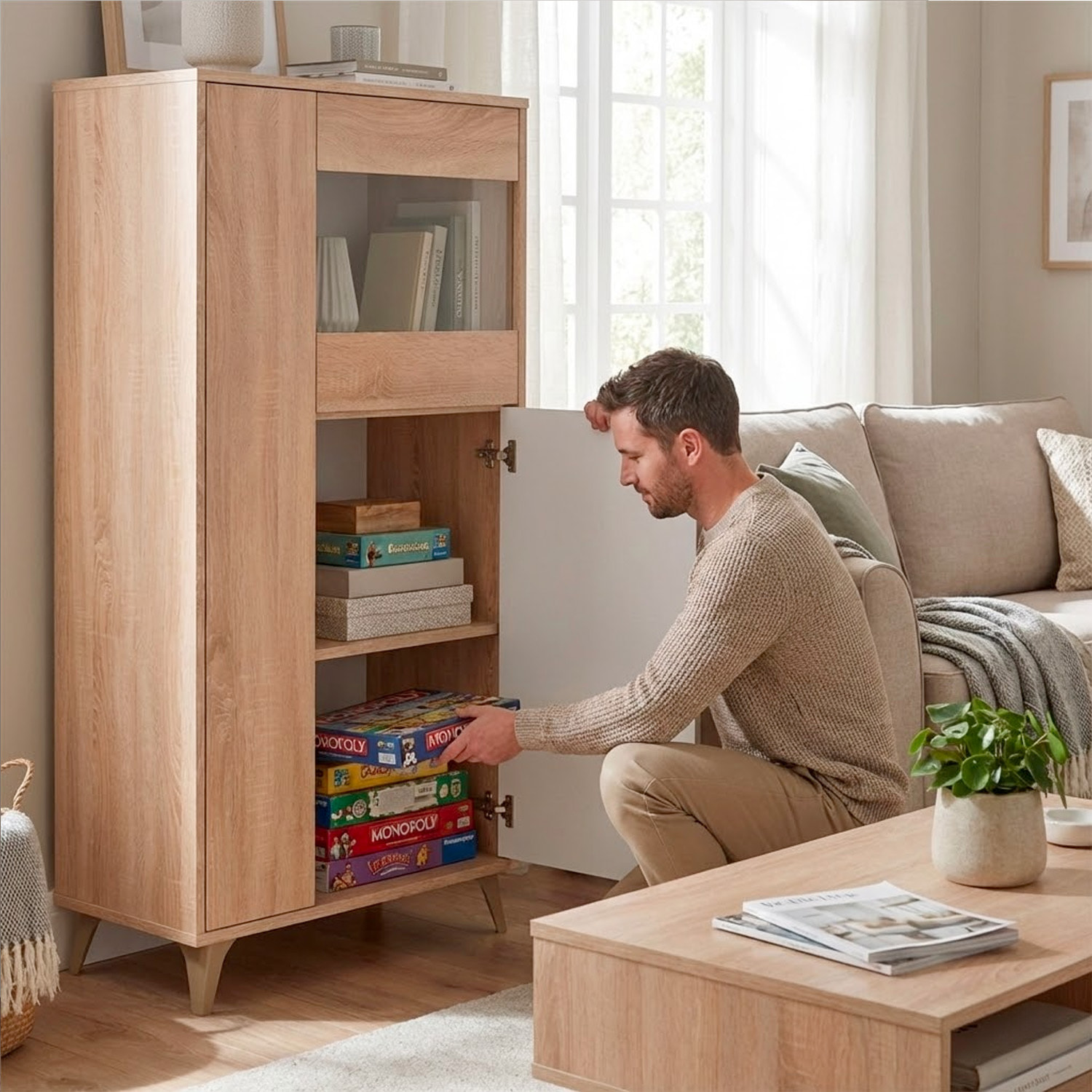 Credenza Con Vetrina Moderna Mobile contenitore Con Ripiani Interni In Truciolare Melaminico Ideale Per Soggiorno 77 x 33 x 142 Cm Bianco E Rovere