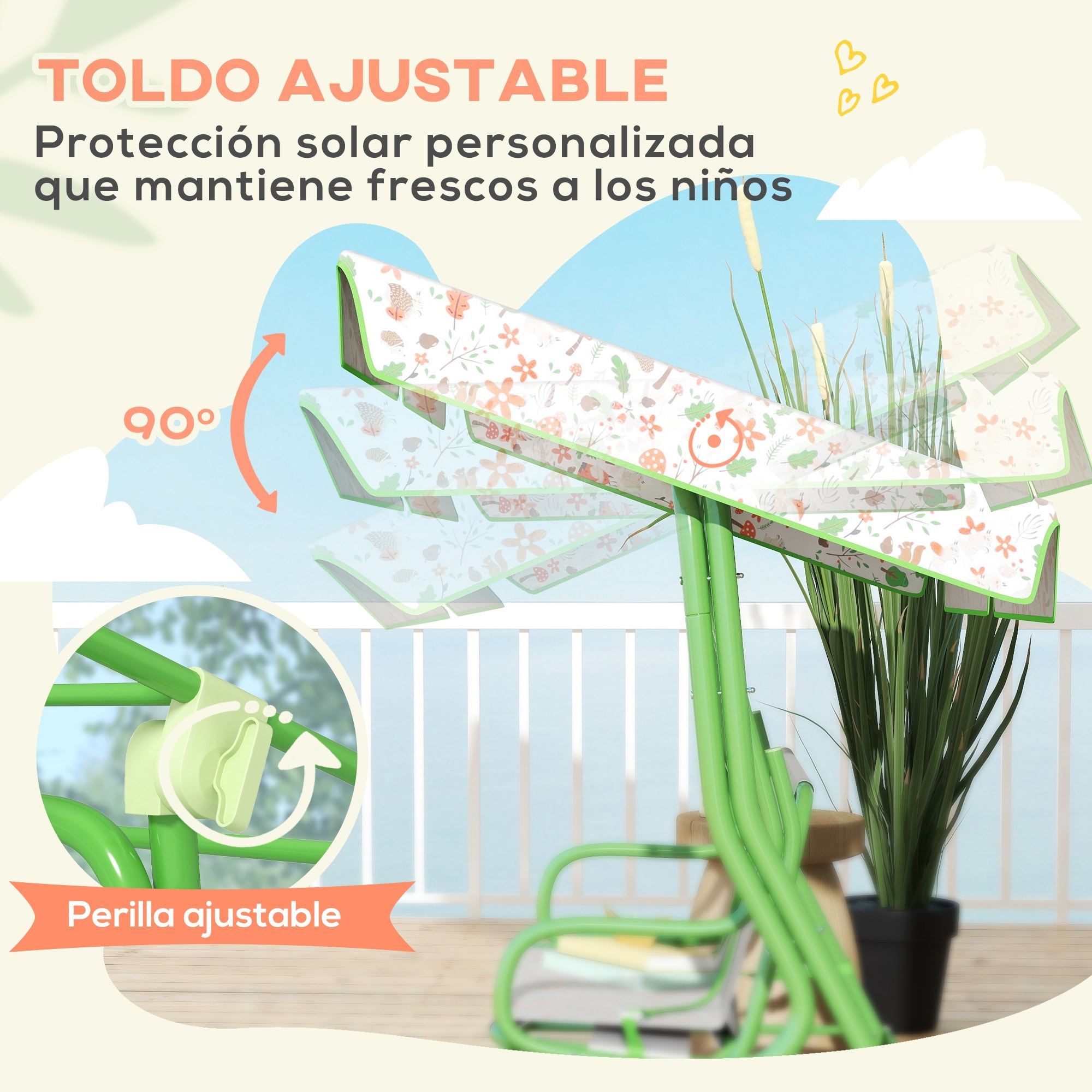 Columpio de Jardín Exterior para Niños de +3 Años Balancín de Jardín Exterior de 2 Plazas con Toldo Ajustable Arnés de Seguridad y Estampados Bonitos 112x75x120 cm Verde