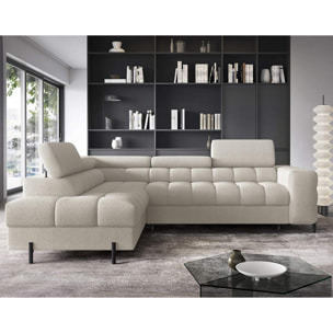 Elisa - canapé d'angle gauche 5 places convertible avec coffre et têtières réglables en tissu bouclette - Beige