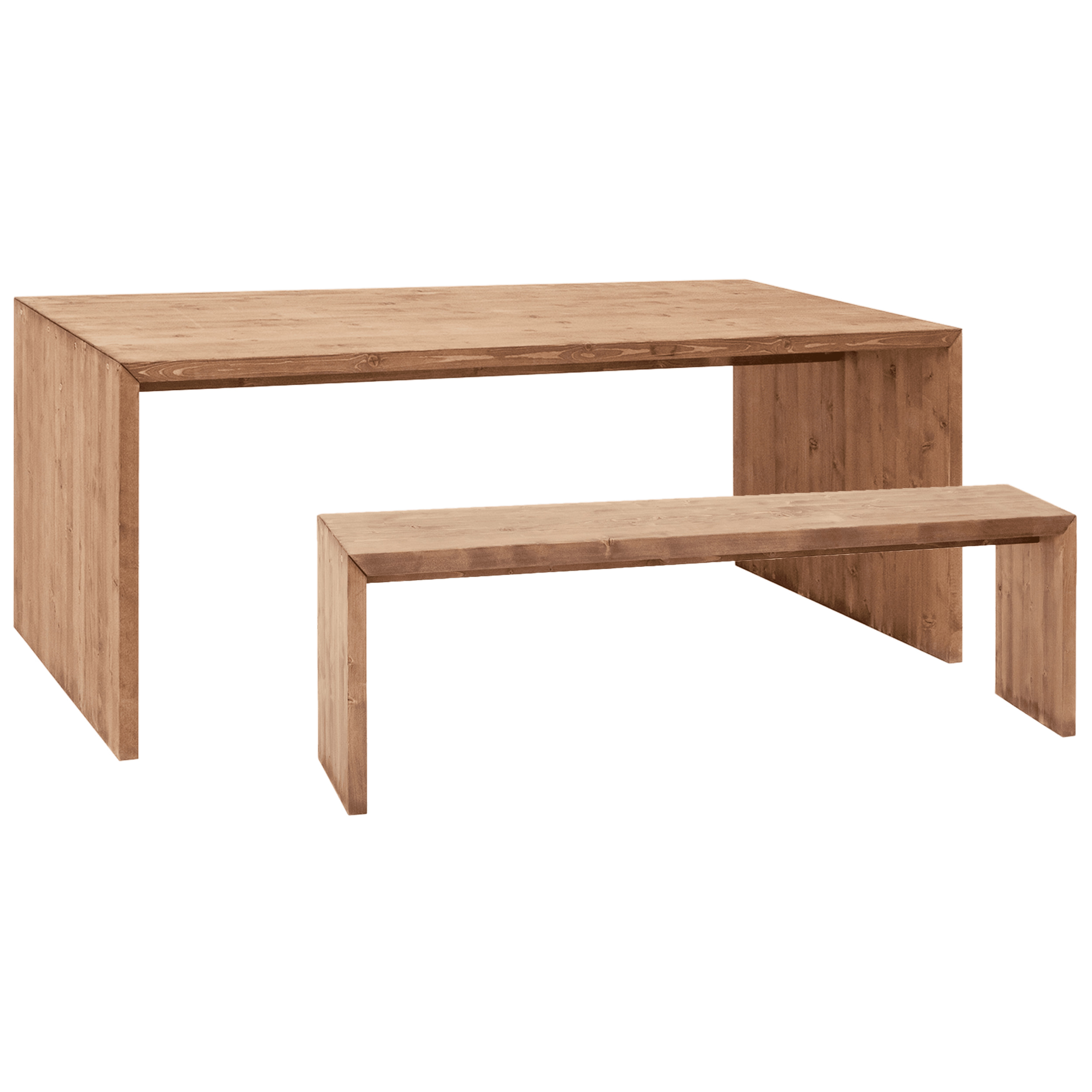 Pack mesa de comedor y banco de madera maciza en tono roble oscuro de varias medidas