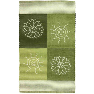 Tappeto SUMMER VERDE disegno sole e fiori 100% cotone annodati a mano, tappetino stuoia bagno multiuso lavabile