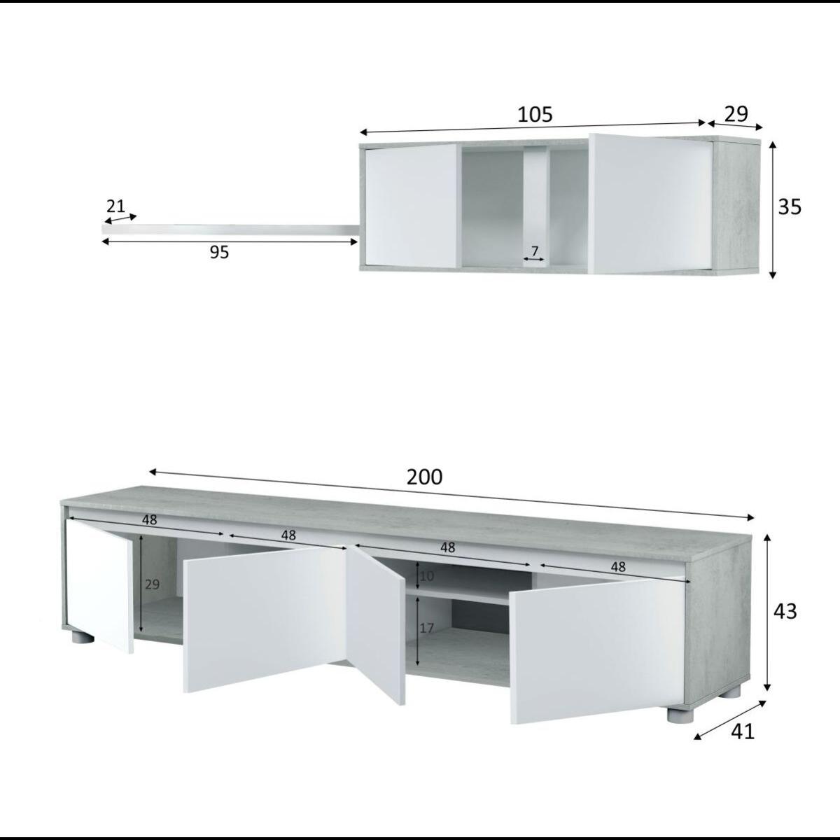 Parete Attrezzata Ginevra Mobile Soggiorno TV con Mensole Salotto Legno Base Televisione Sala da Pranzo Design Moderno 200x41x43 cm Bianco e Cemento