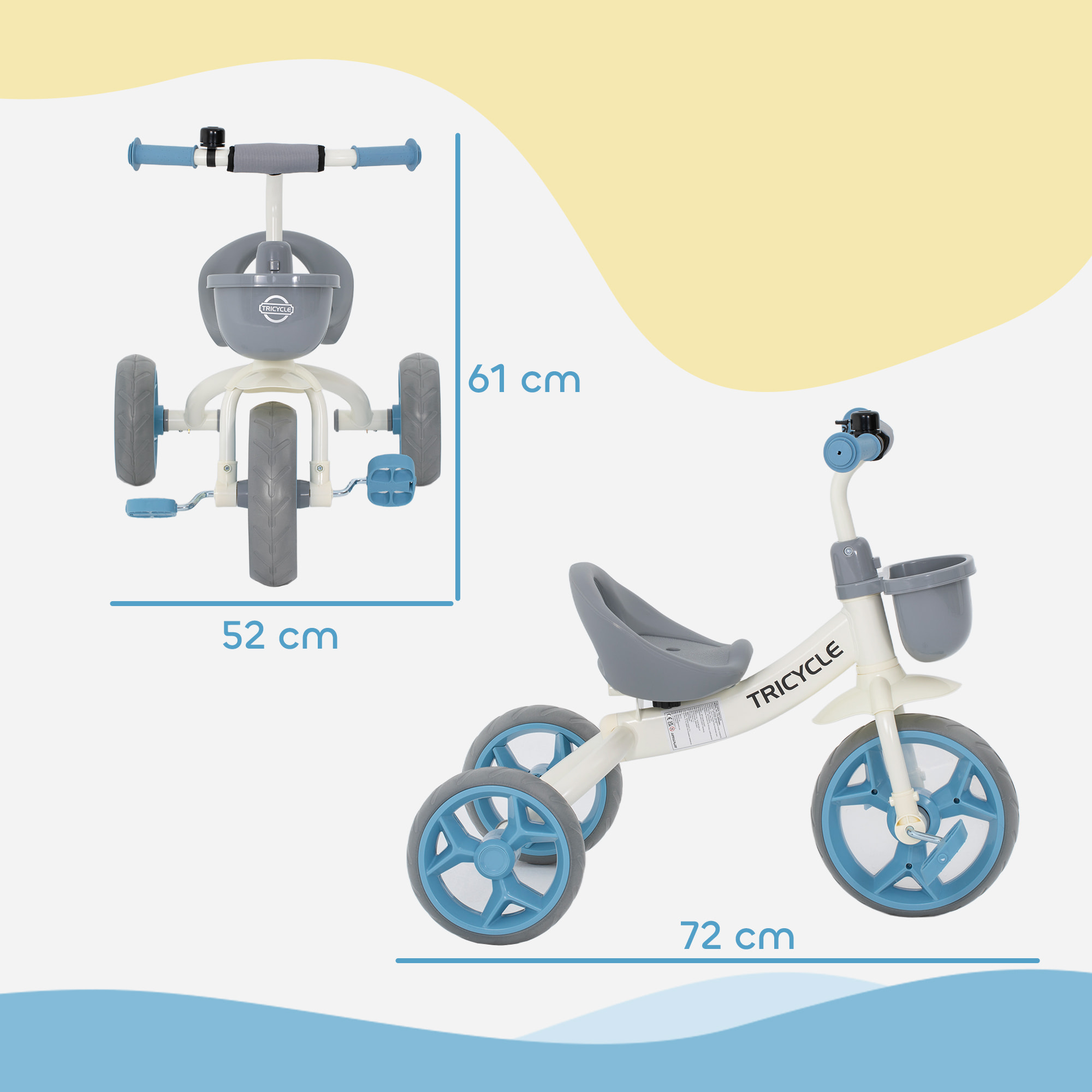 Tricycle enfant multi-équipé garde-boue avant sonnette pédales antidérapantes selle avec dossier bleu blanc gris