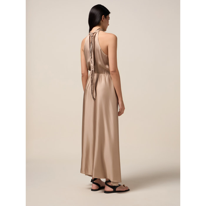 Oltre - Vestido largo de satén con flor - Beige
