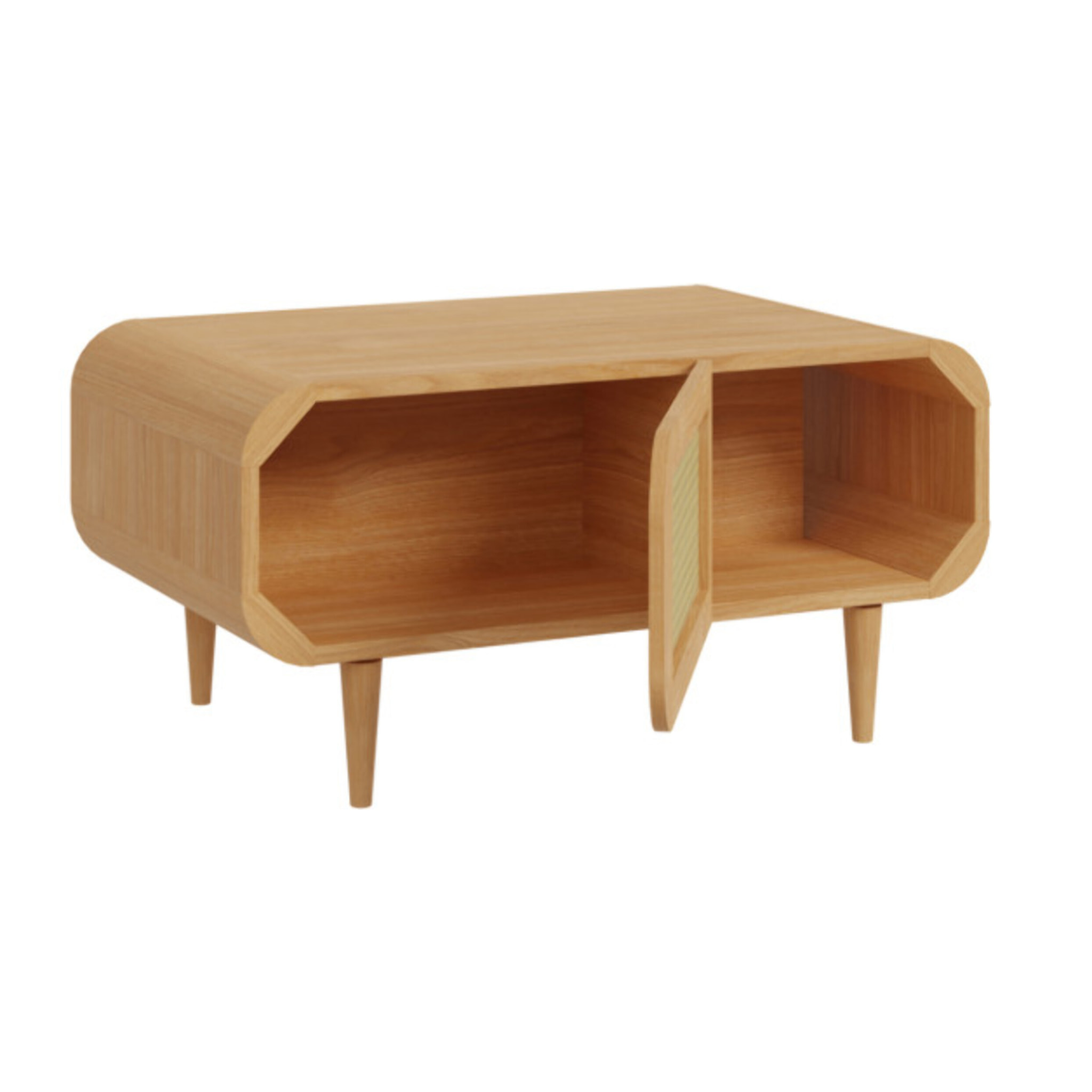 Table basse 100 cm 2 portes 1 tiroir rotin et décors chêne - BEVERLY