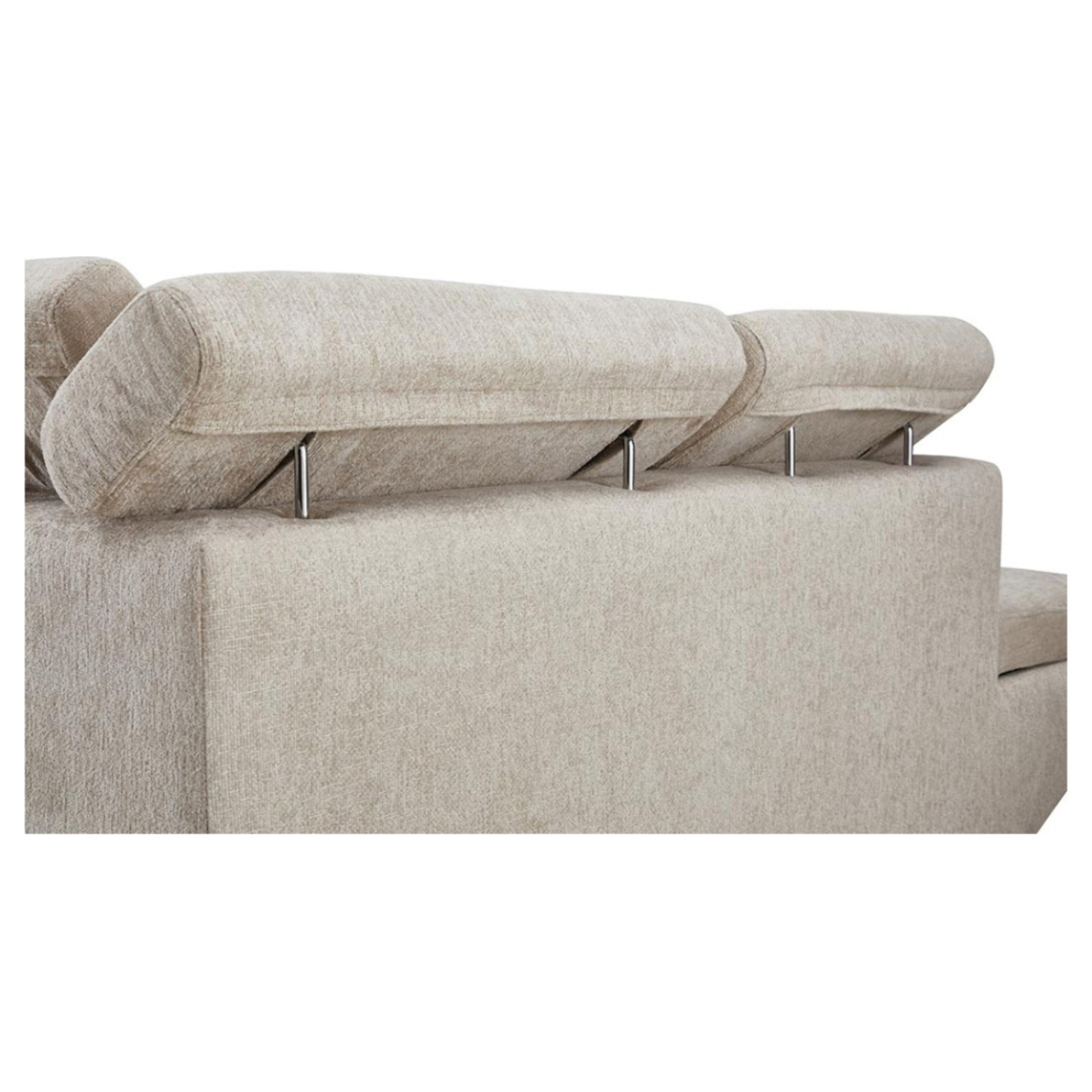 Margaux - Canapé d'angle gauche 5 places convertible avec coffre et têtières réglables en velours texturé - Beige