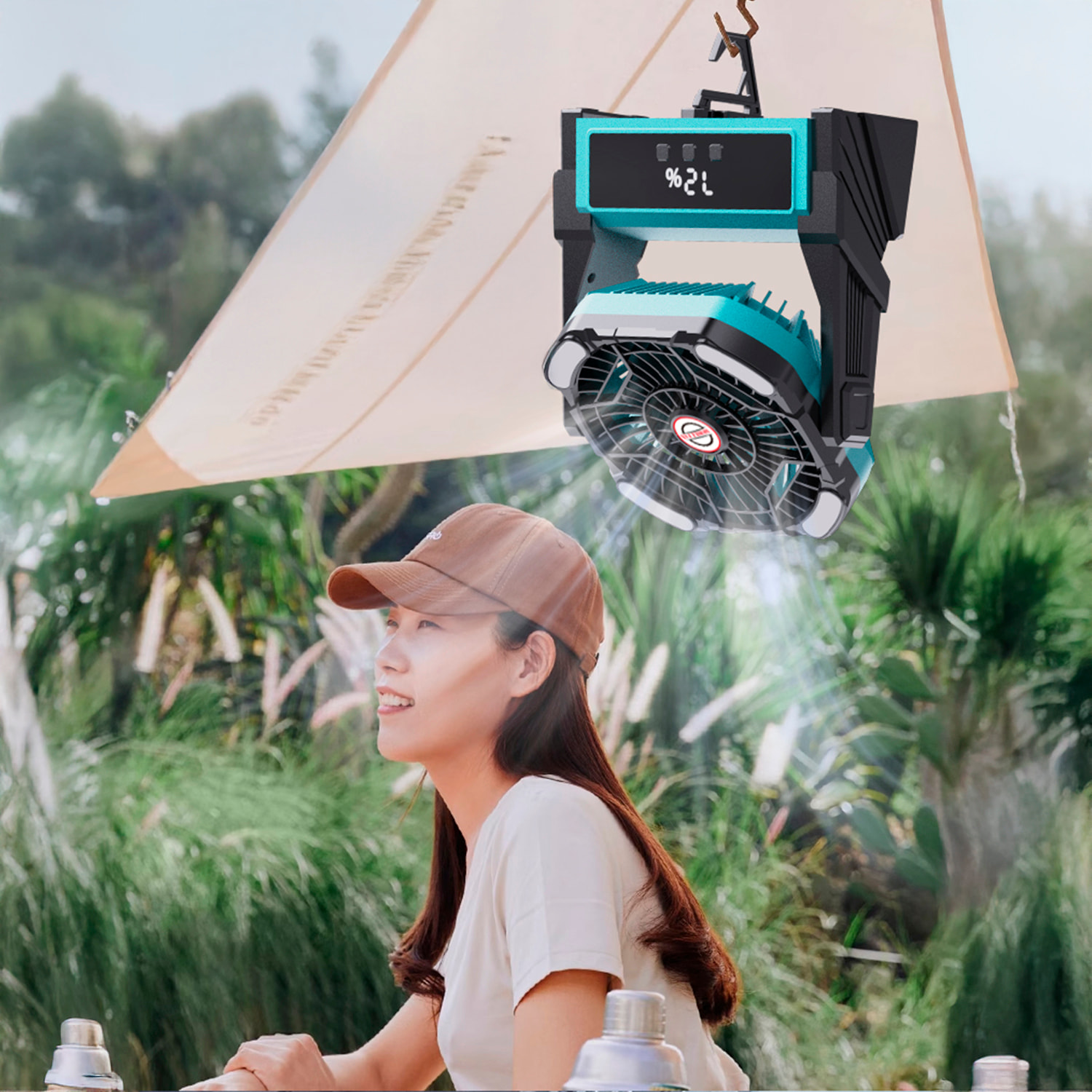 Ventilador A16 con motor sin escobillas, LED con 32 luces, 4 velocidades, 3 niveles de luz y temporizador. Ángulo ajustable de 90º con gancho para colgar y powerbank de 10000 mAh.