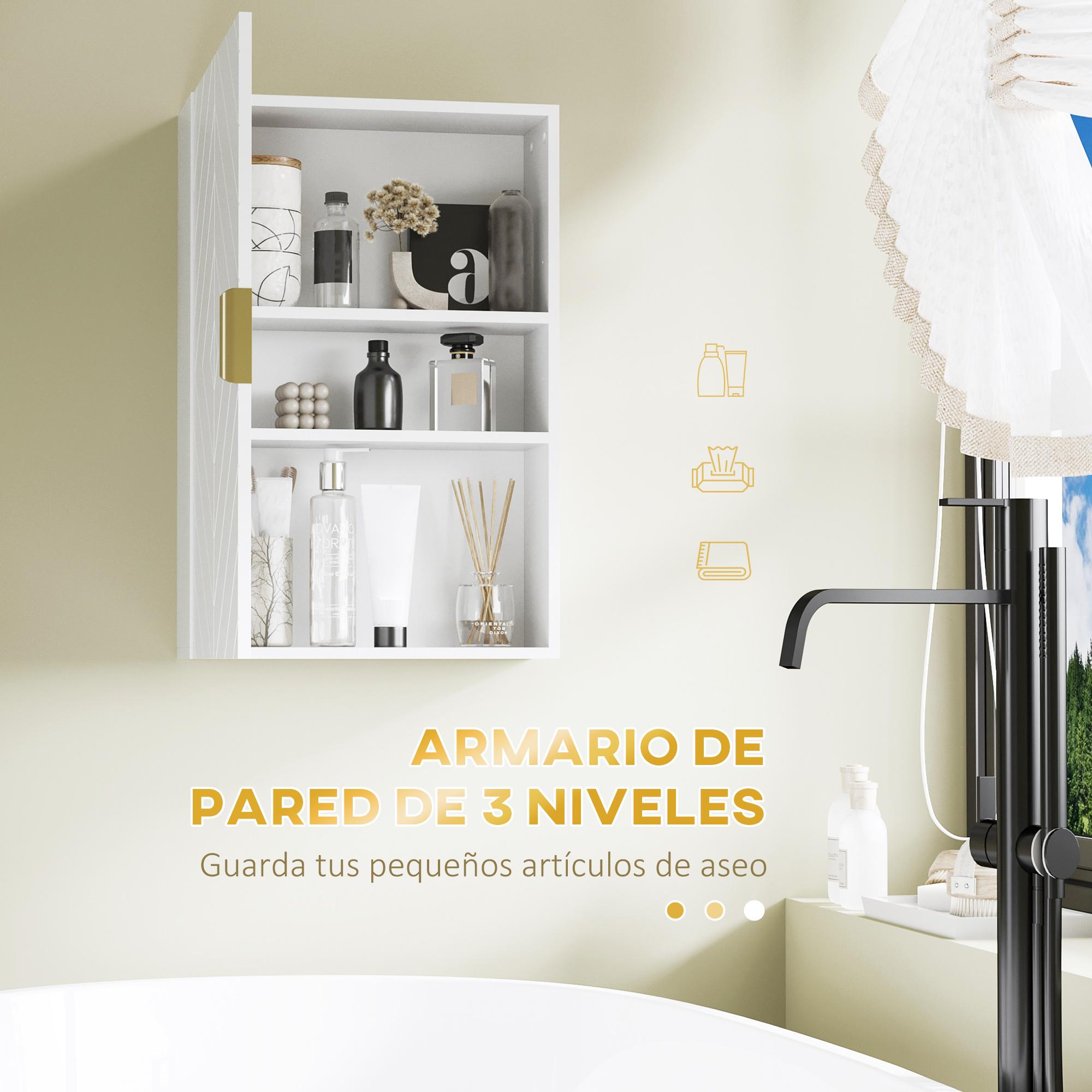 kleankin Armario para Baño de Pared Moderno Mueble para Baño Suspendido con 1 Asa de Acero y Estantes Ajustables para Cocina 40x15x60 cm Blanco