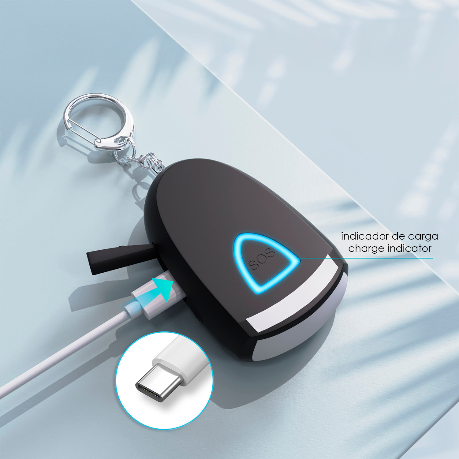 Allarme SOS personale con LED brillante e suono di 130 dB. Batteria ricaricabile e attivazione rapida con tirante anello.