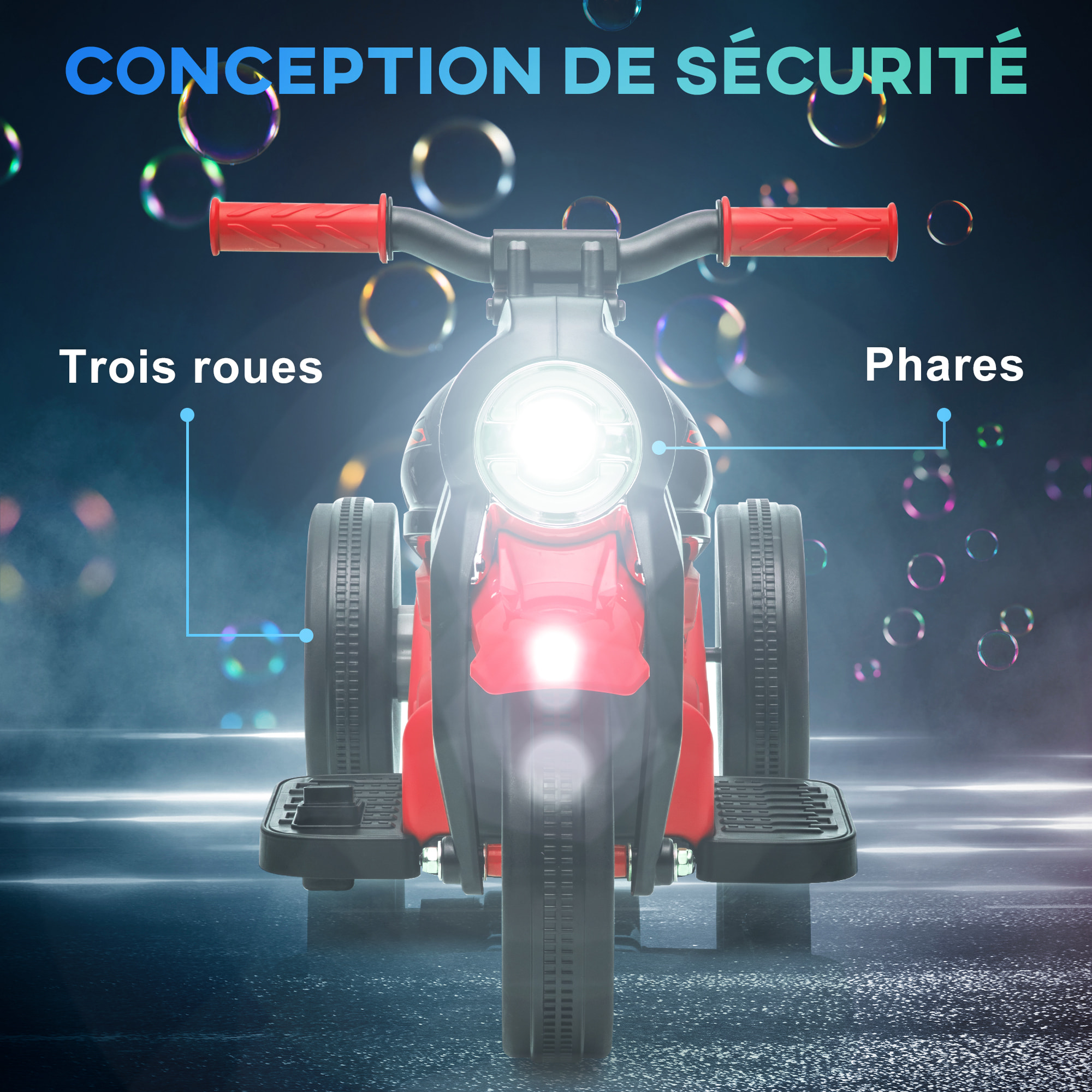Moto électrique enfant chopper 6V env. 3Km/h 3 roues effets lumineux sonores fonction bulles rouge noir