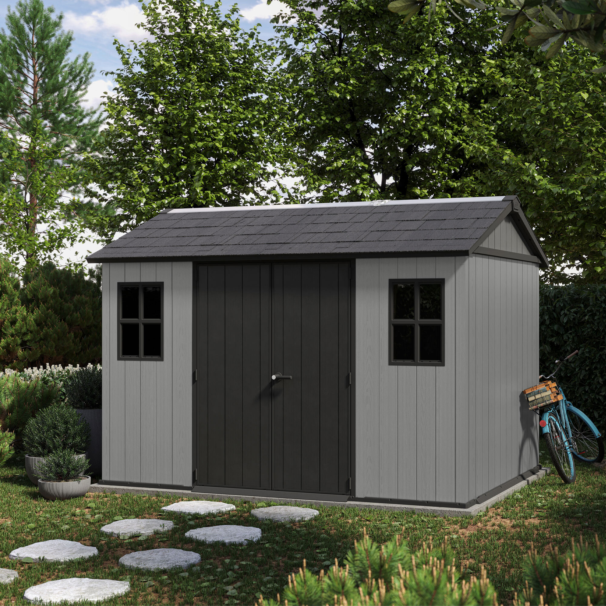 Newton + 7511/1175 - Casetta da Giardino 350x246x230 cm 2 Ante per deposito attrezzi finitura effetto legno Evotech+ in Resina Grigio e Nero
