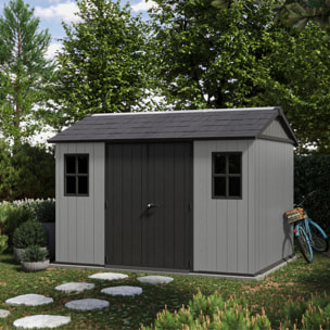 Newton + 7511/1175 - Casetta da Giardino 350x246x230 cm 2 Ante per deposito attrezzi finitura effetto legno Evotech+ in Resina Grigio e Nero