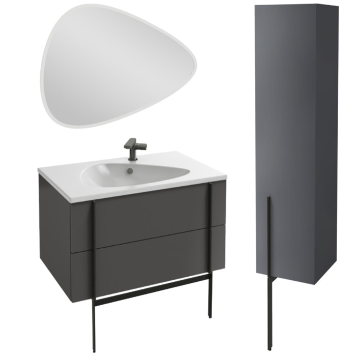 Meuble vasque Nouvelle Vague gris brillant + colonne + miroir + pied