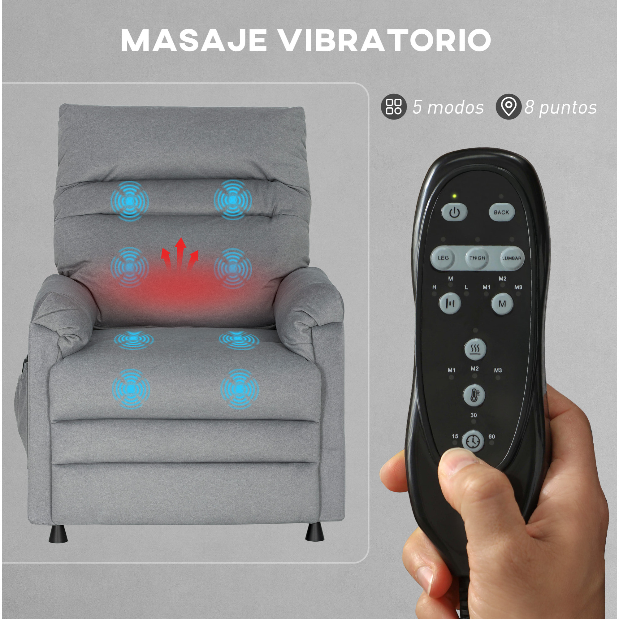 Sillón Relax Reclinable Eléctrico, con Calor Lumbar y Masaje Vibración, Sillón Masaje Relax, Motor Silencioso, Función de Memoria, Bolsillos, Control Remoto con USB, Tejido Pet-friendly, Gris