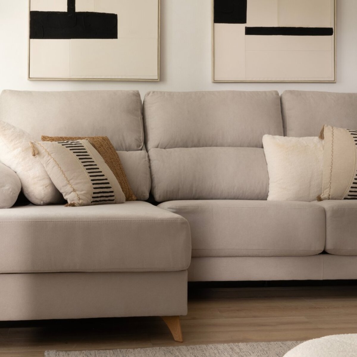 Canapé d'angle Dandy -textile, mousse pu, bois et panneau de particules-couleur beige 295 x 103 x 170 cm