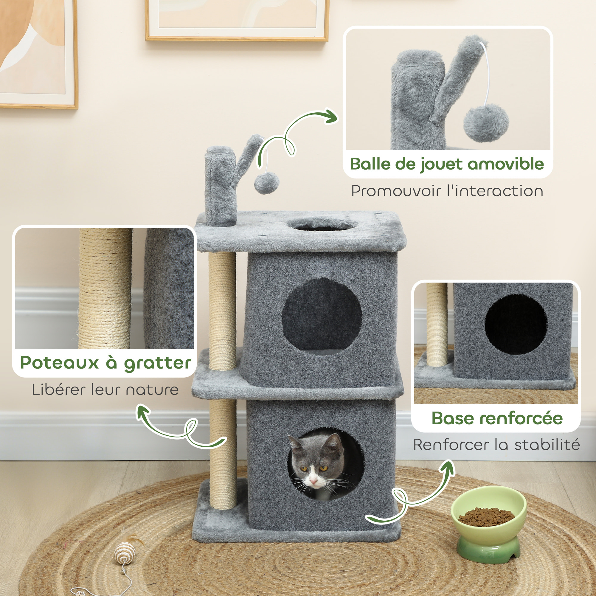 Arbre à chat à 3 niveaux hauteur 80 cm, tour pour chat avec 2 niches et surface de repos confortable, balle amovible, poteau en sisal et peluche douce, pour animal 5 kg, gris foncé