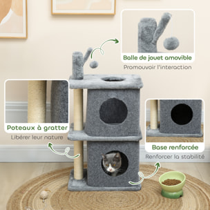 Arbre à chat à 3 niveaux hauteur 80 cm, tour pour chat avec 2 niches et surface de repos confortable, balle amovible, poteau en sisal et peluche douce, pour animal 5 kg, gris foncé