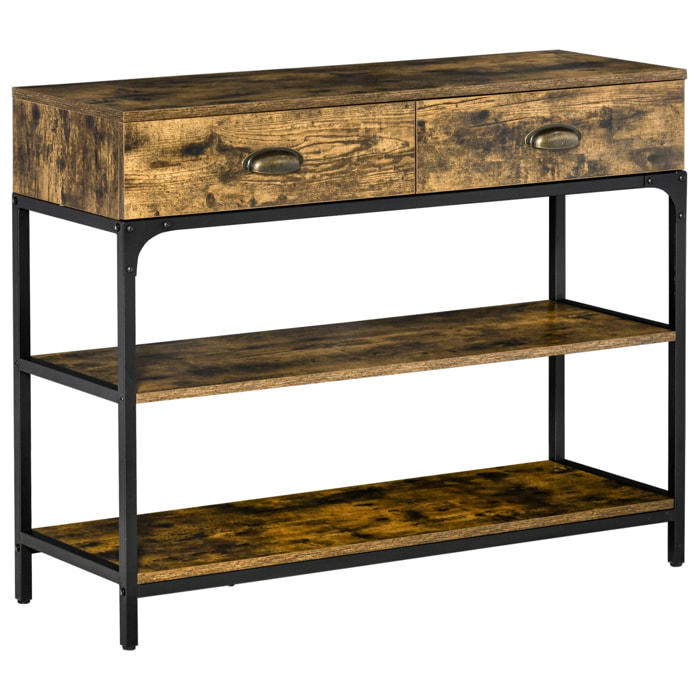 Console table d'appoint design industriel 2 tiroirs 2 étagères métal noir panneaux particules aspect bois vieilli