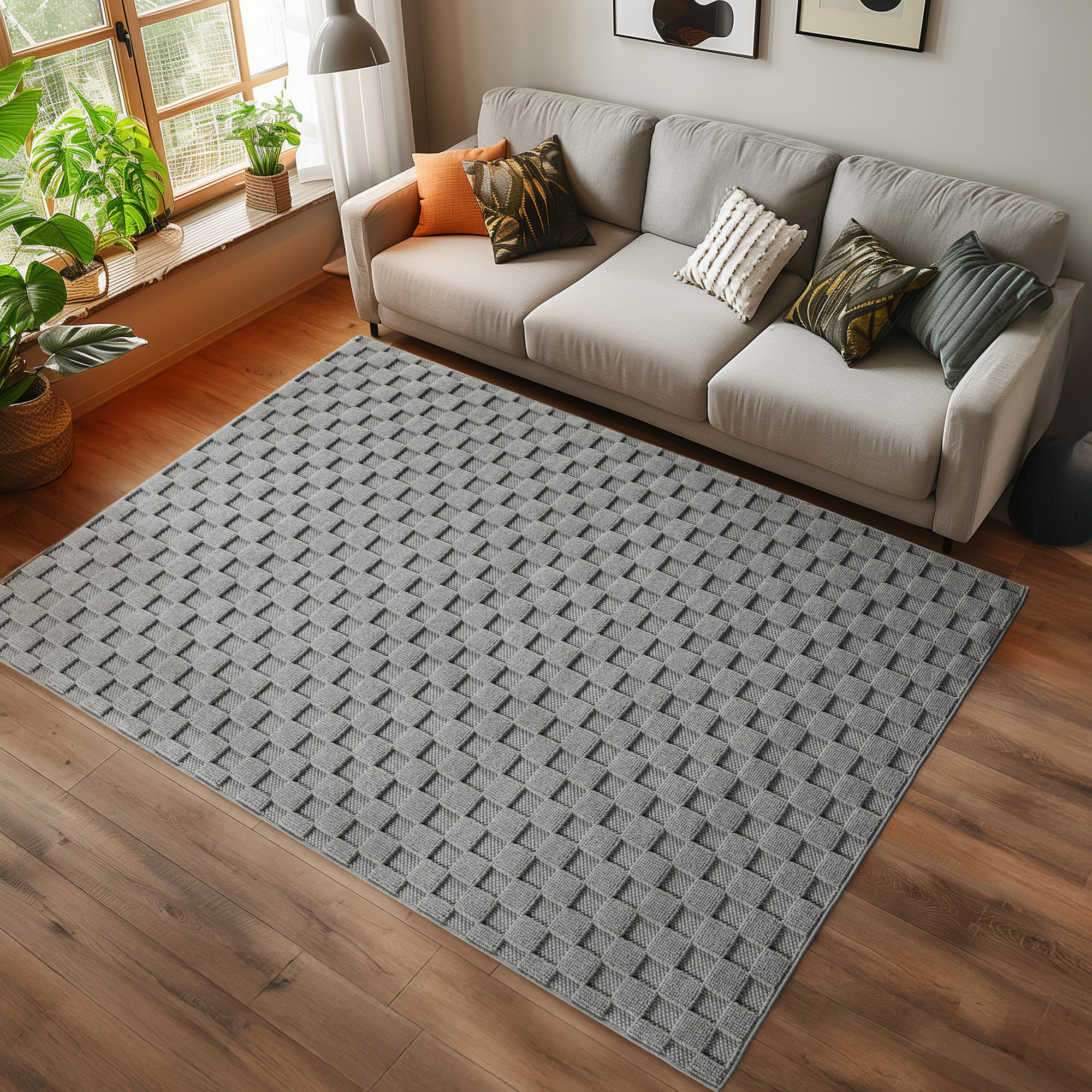 HELIX - Tapis moderne effet laine bouclé à motif damier en relief gris