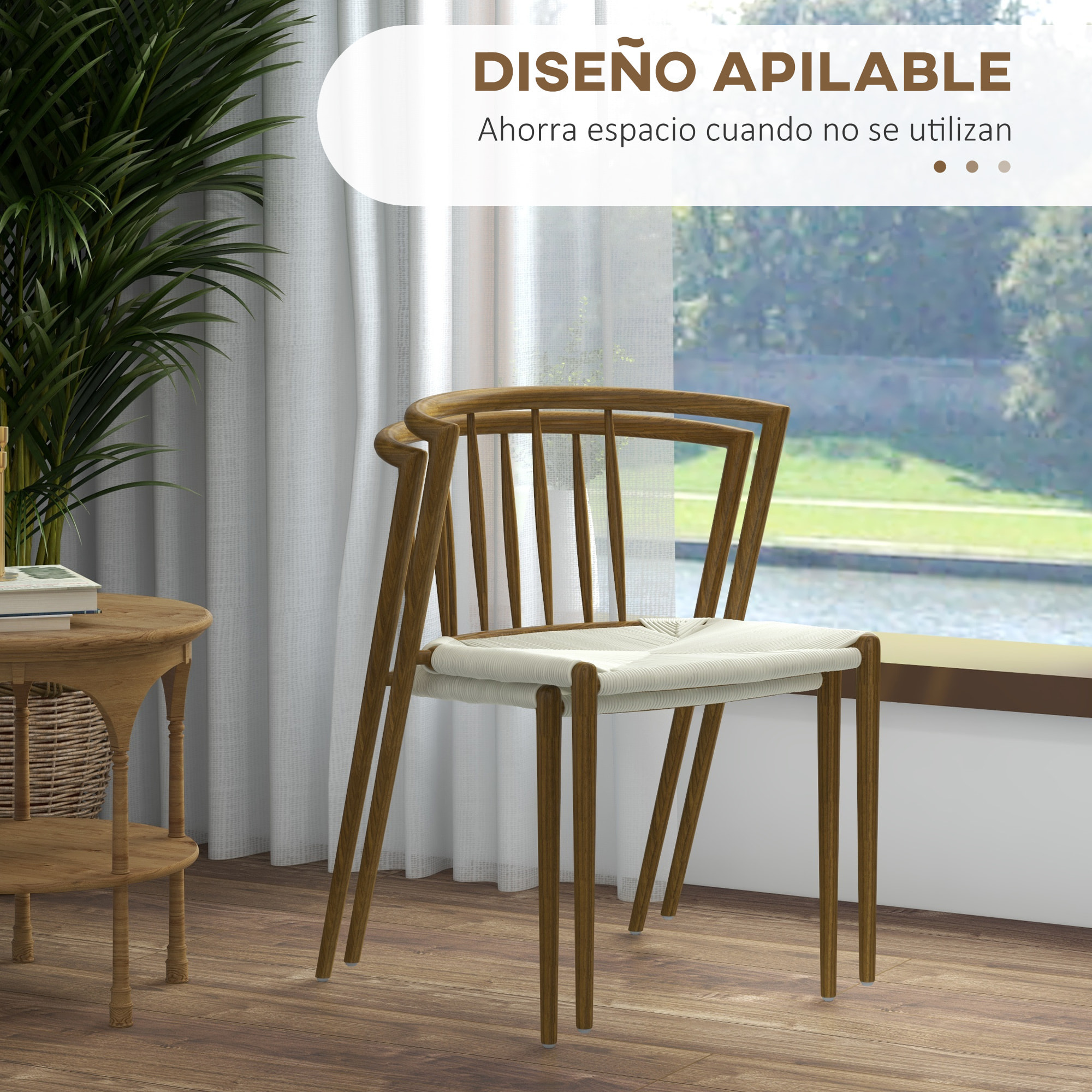 Pack de 2 Sillas de Comedor con Asiento de Cuerda de Papel Sillas de Cocina Apilables Estilo Moderno Carga 120 kg 51x51x71 cm Roble y Crema