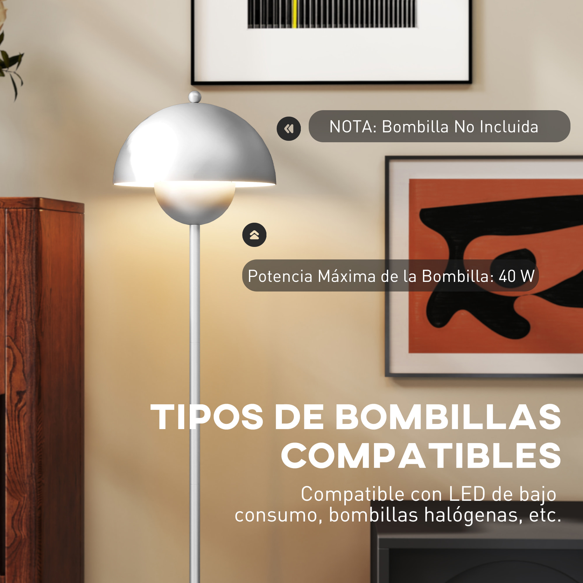 Lámpara de Pie Moderna 155 cm Lámpara de Pie para Salón con Pantalla de Cuenco Reflejando Luz Interruptor de Pie Casquillo E27 Sin Bombilla para Dormitorio Oficina Sala de Estar