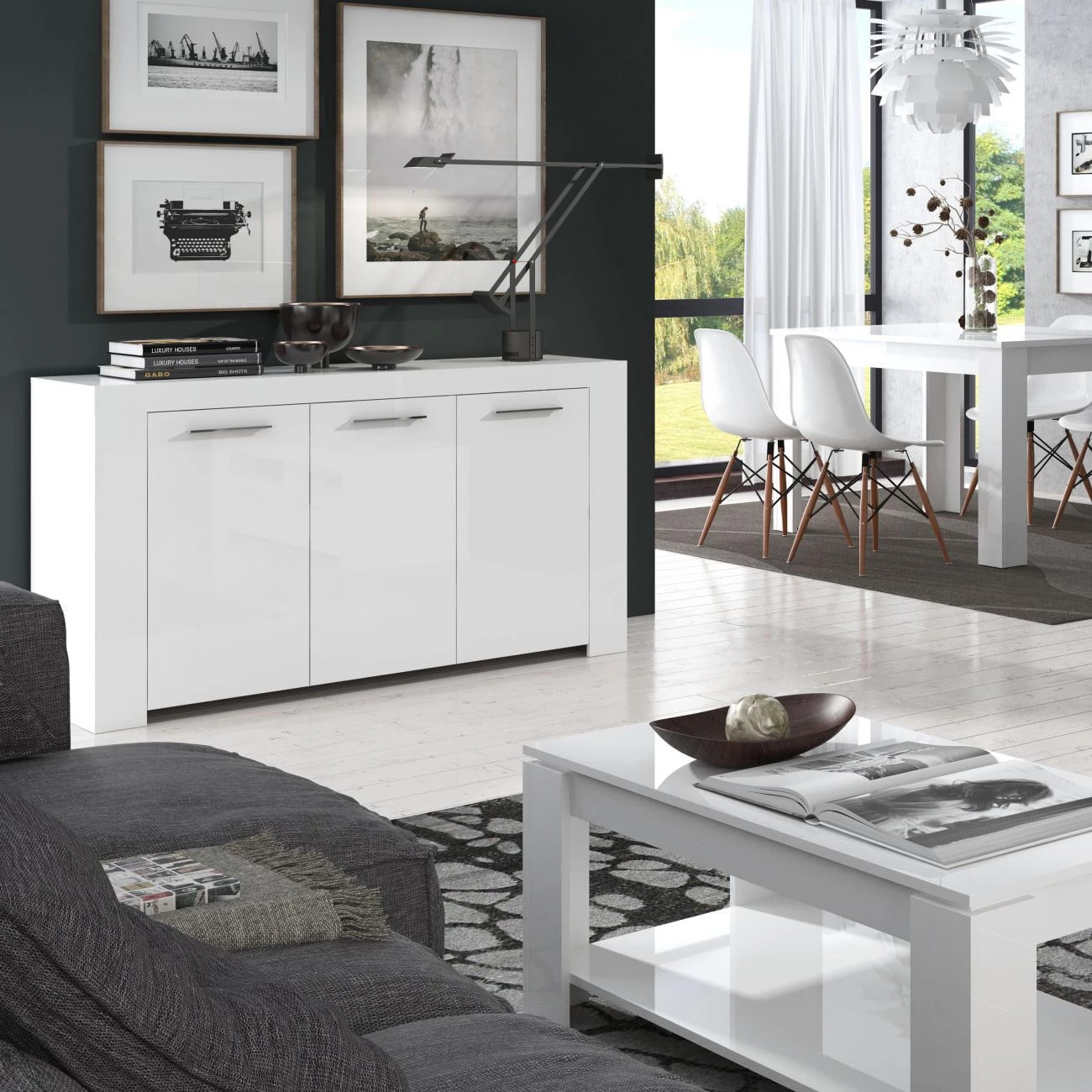 Aparador de 3 puertas con gran espacio de almacenamiento en blanco artik 144 cm Ambit Blanco Artik (Blanco Mate)