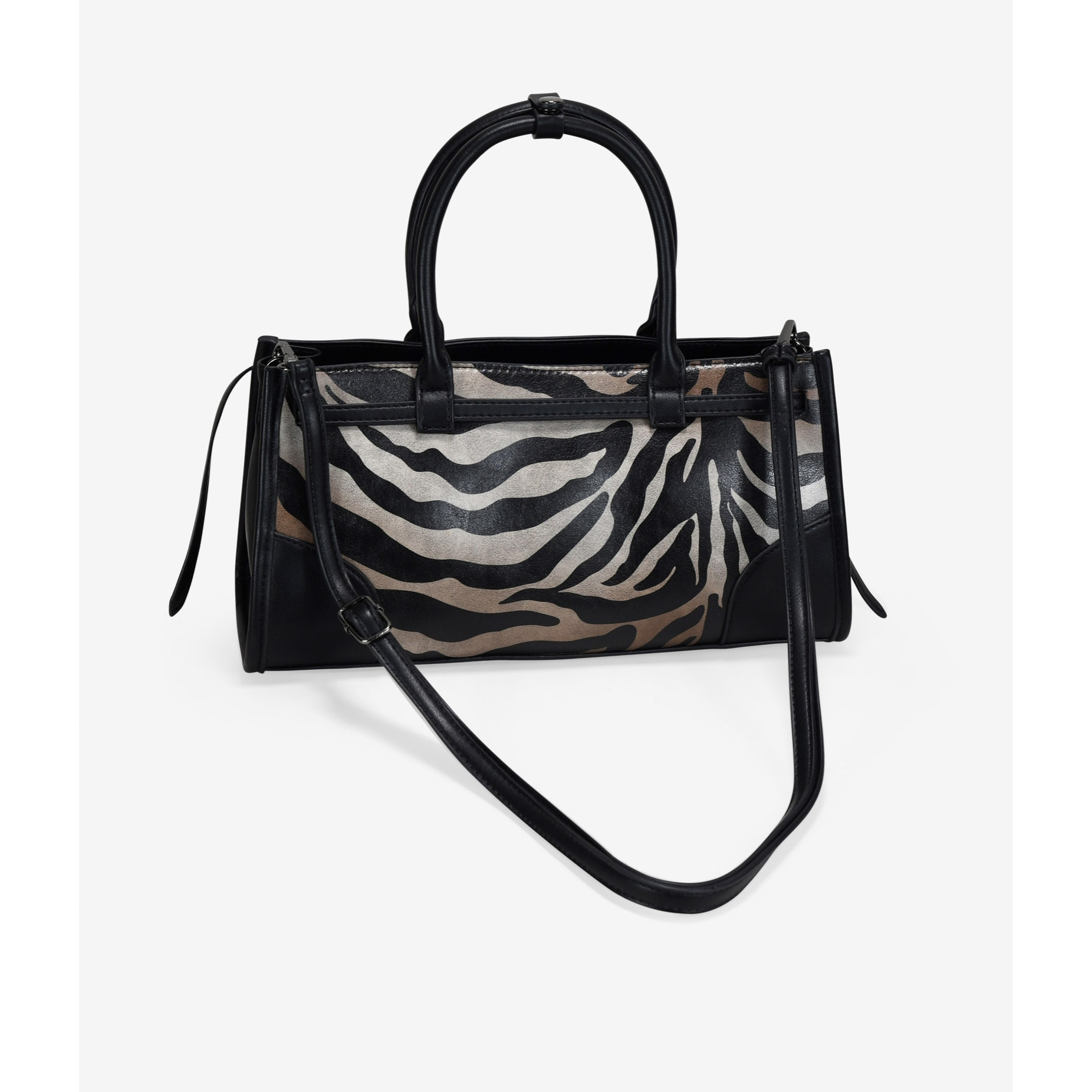 Bolso de mano cebra con cinturón y hebillas