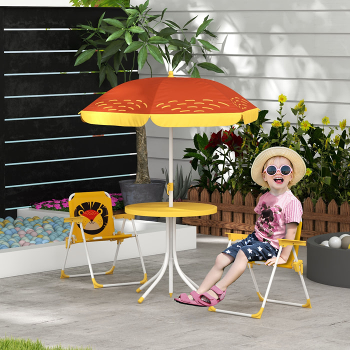 Ensemble salon de jardin enfant 4 pcs design lion - chaises pliables - métal polyester jaune rouge