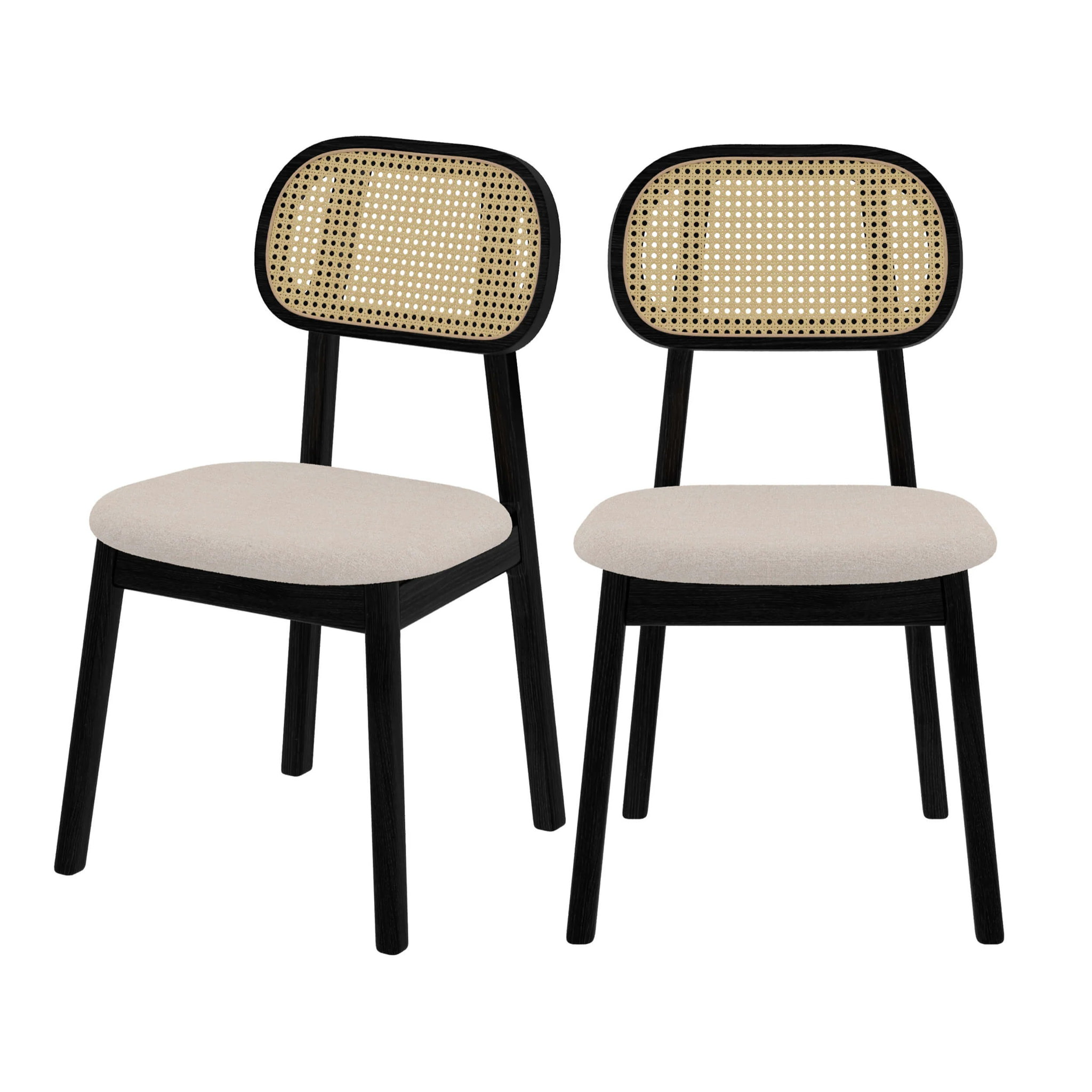 Lot de 2 chaises en bois noir, tissu beige et rotin synthétique - Maria