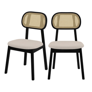 Lot de 2 chaises en bois noir, tissu beige et rotin synthétique - Maria