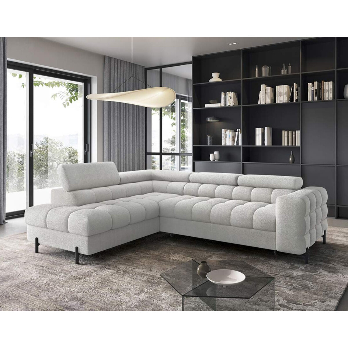 Elisa - canapé d'angle gauche 5 places convertible avec coffre et têtières réglables en tissu bouclette - Gris clair