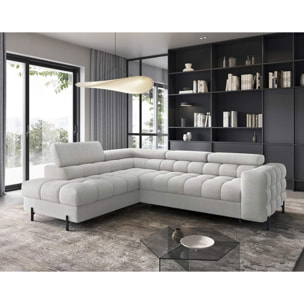 Elisa - canapé d'angle gauche 5 places convertible avec coffre et têtières réglables en tissu bouclette - Gris clair