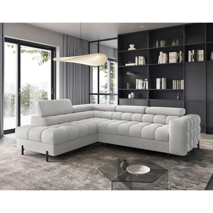 Elisa - canapé d'angle gauche 5 places convertible avec coffre et têtières réglables en tissu bouclette - Gris clair
