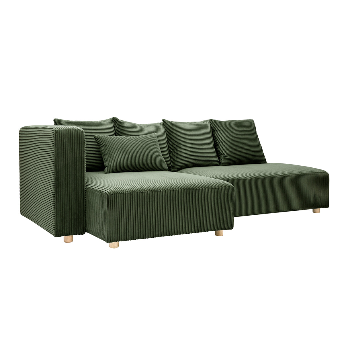Canapé d'angle gauche 3 places en tissu velours côtelé vert kaki et bois clair HARLEM
