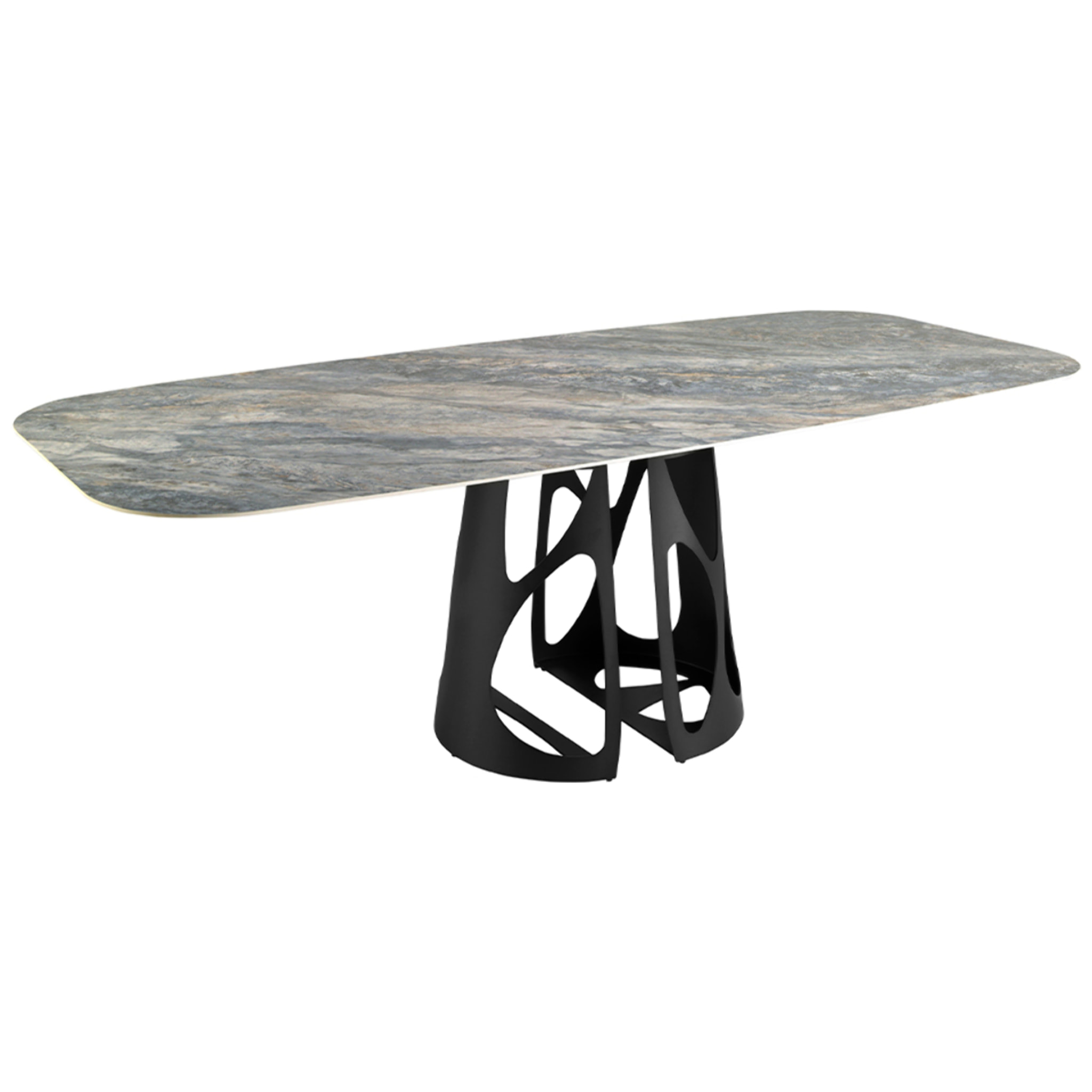 Mesa comedor Angel Cerdá ovalada barril con tapa fija de mármol porcelánico azul con vetas en tonalidades grises y marrones en acabado brillo 238x110x76cm