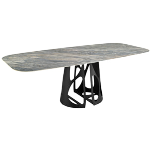 Mesa comedor Angel Cerdá ovalada barril con tapa fija de mármol porcelánico azul con vetas en tonalidades grises y marrones en acabado brillo 238x110x76cm