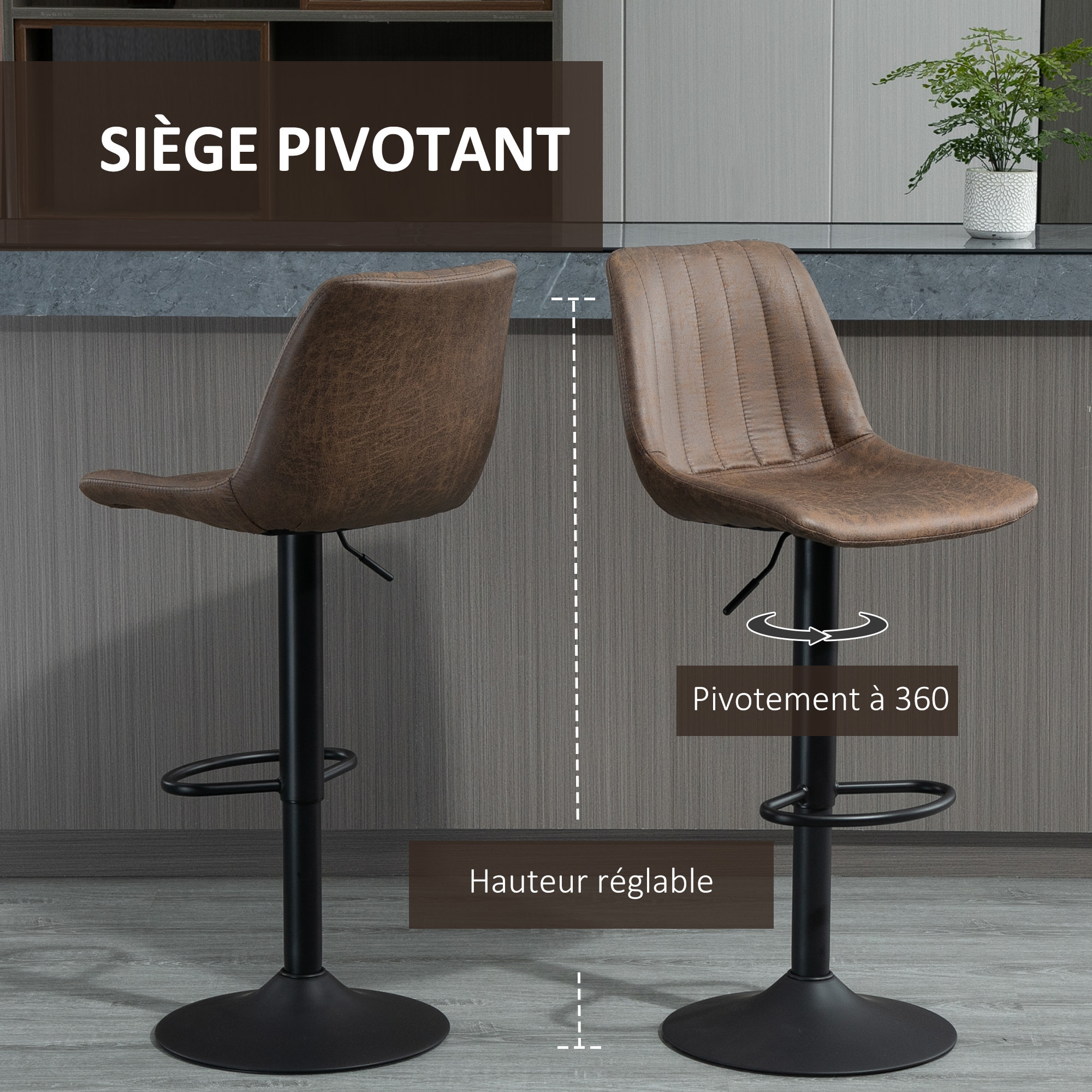 Lot de 2 tabourets de bar style vintage hauteur réglable pivotant repose-pied marron