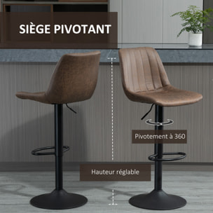 Lot de 2 tabourets de bar style vintage hauteur réglable pivotant repose-pied marron