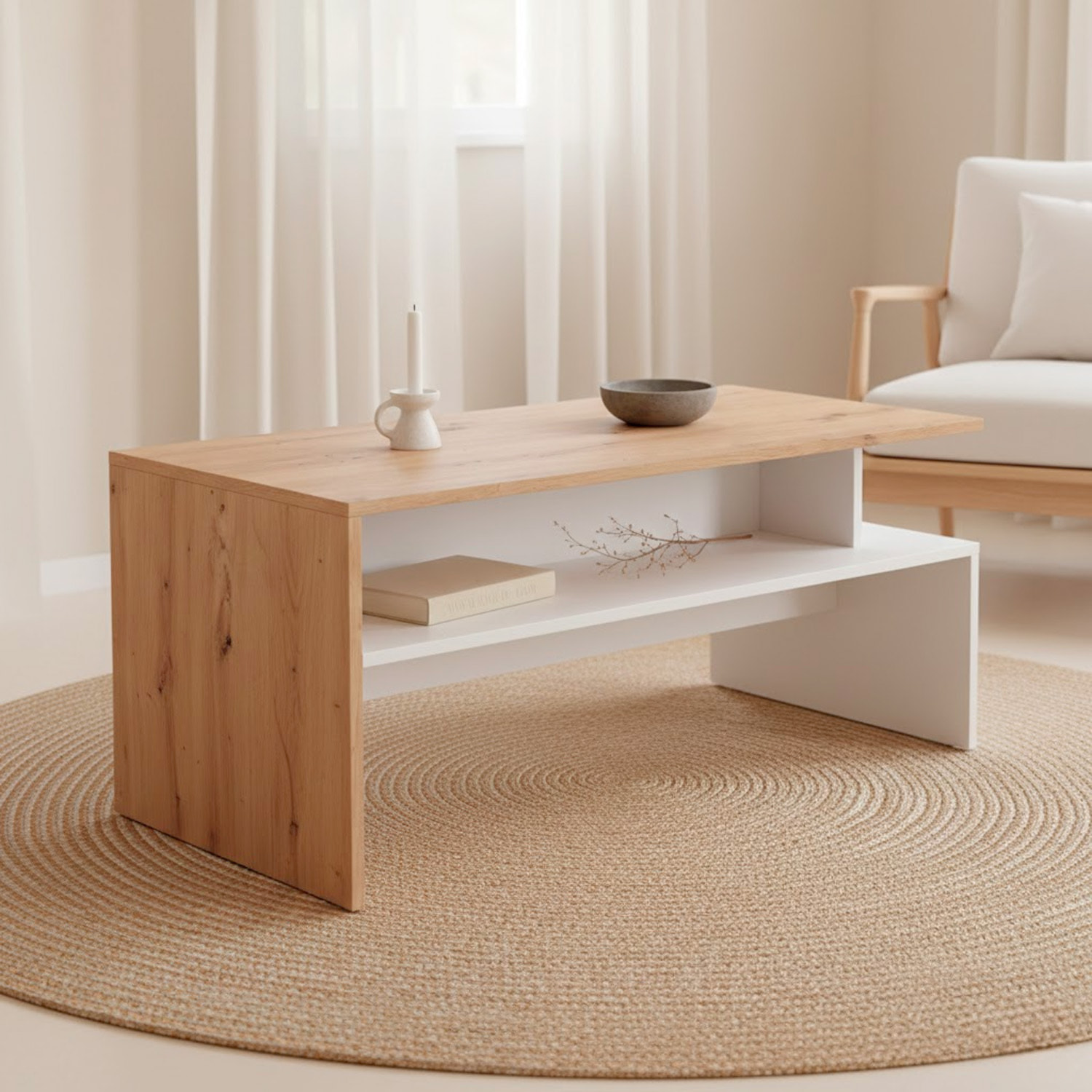 Tavolino Da Caffè Soggiorno Moderno Con Ripiano E Vani A Giorno Design Elegante E Funzionale 108 x 50 x 43 cm Bianco Opaco E Quercia