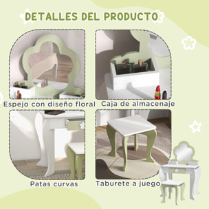 Tocador para Niñas con Espejo y Taburete Tocador de Maquillaje para Niñas de 3-6 Años con 2 Cajas y 1 Cajón 55x34x87,5 cm Blanco y Verde Pastel