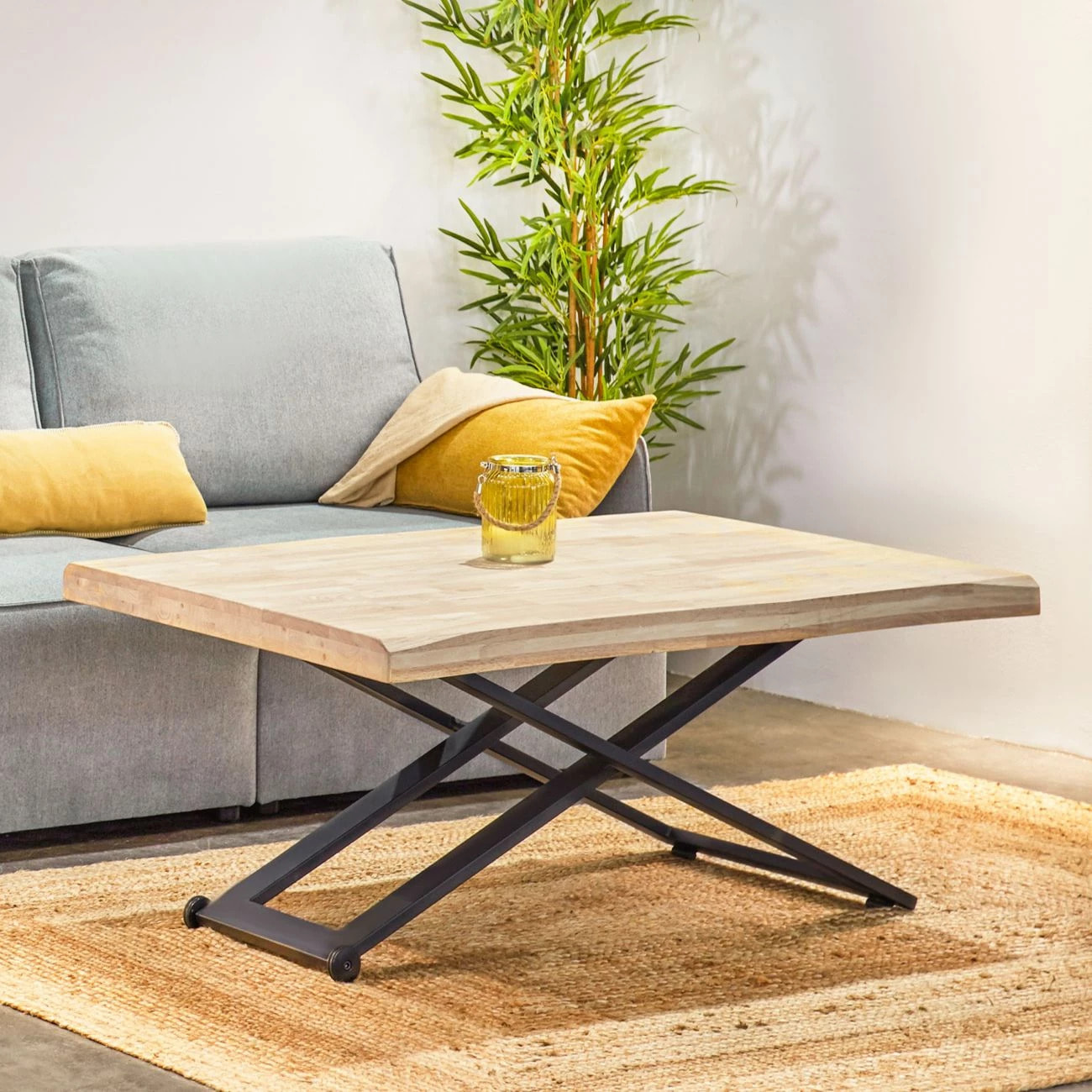 Mesa de centro elevable con patas metálicas en negro y roble 120x49-76 cm Lada Fit Negro - Roble