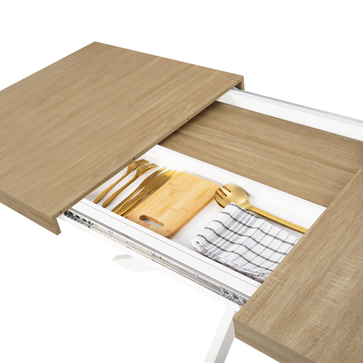 Table à manger extensible Spider 160-200cm bois blanc avec rangement