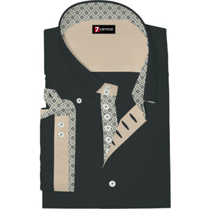 Camicia Uomo Manica Corta 2 Bottoni Button Down 7 Botto Popeline Stretch Unito Nero