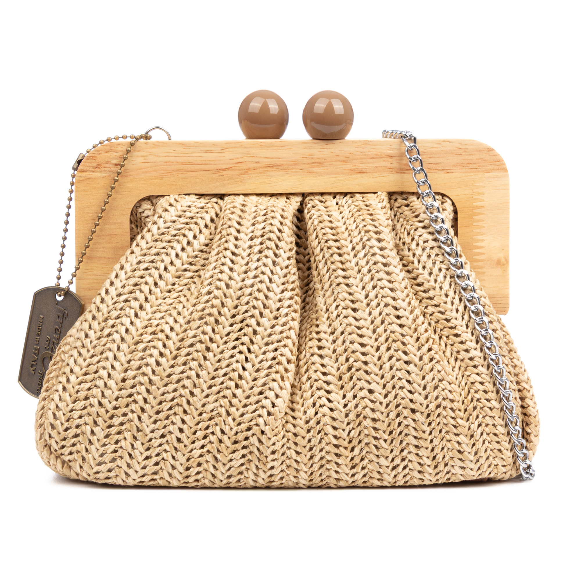 BeneLario Bolso bandolera Mujer. Tela con detalles de madera natural y piel sintética.