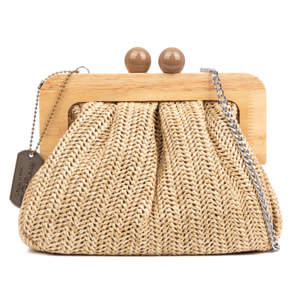 BeneLario Bolso bandolera Mujer. Tela con detalles de madera natural y piel sintética.