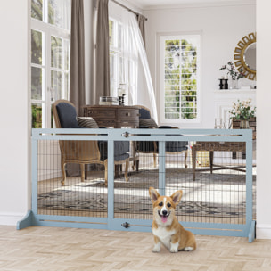 Barrière de sécurité chien barrière autoportante longueur réglable dim. 104-183L x 36l x 69H cm bois pin gris acier noir