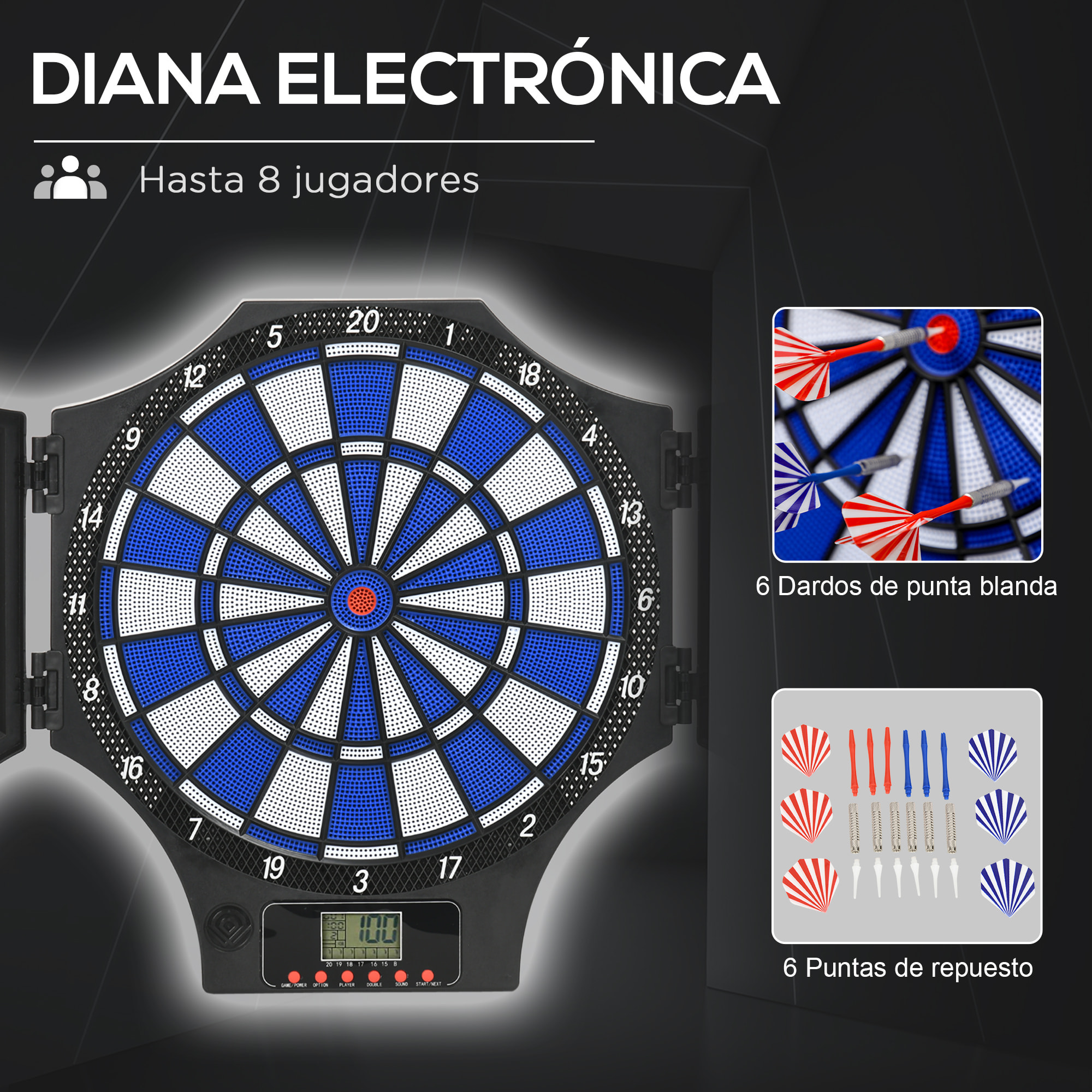 Diana Electrónica Plegable con 31 Juegos para 8 Jugadores Juego de Dardo Electrónico con 6 Dardos y 6 Puntas de Repuesto Pantalla LCD 83x45x4 cm Negro