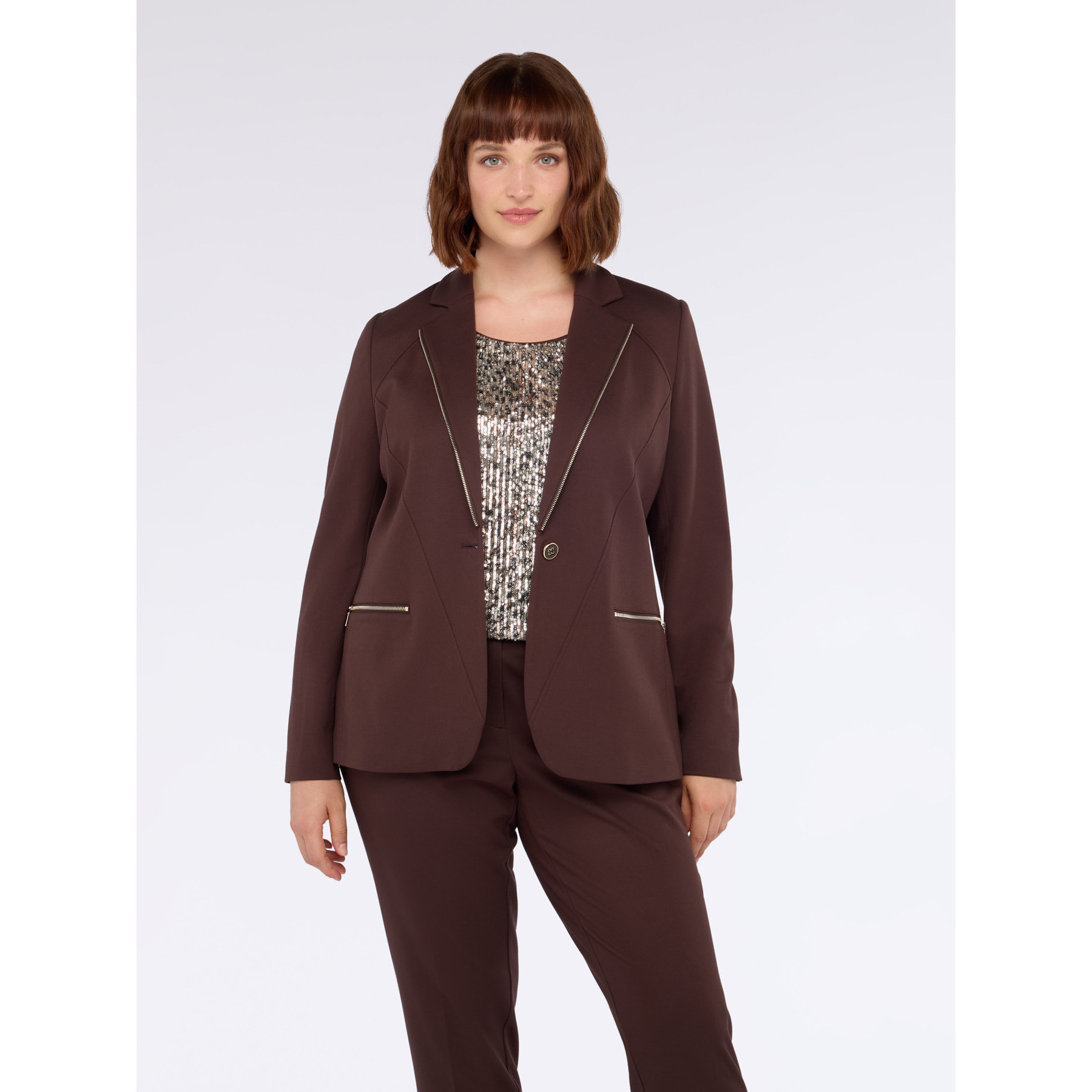 Fiorella Rubino - Blazer in punto Milano con zip decorative - Marrone