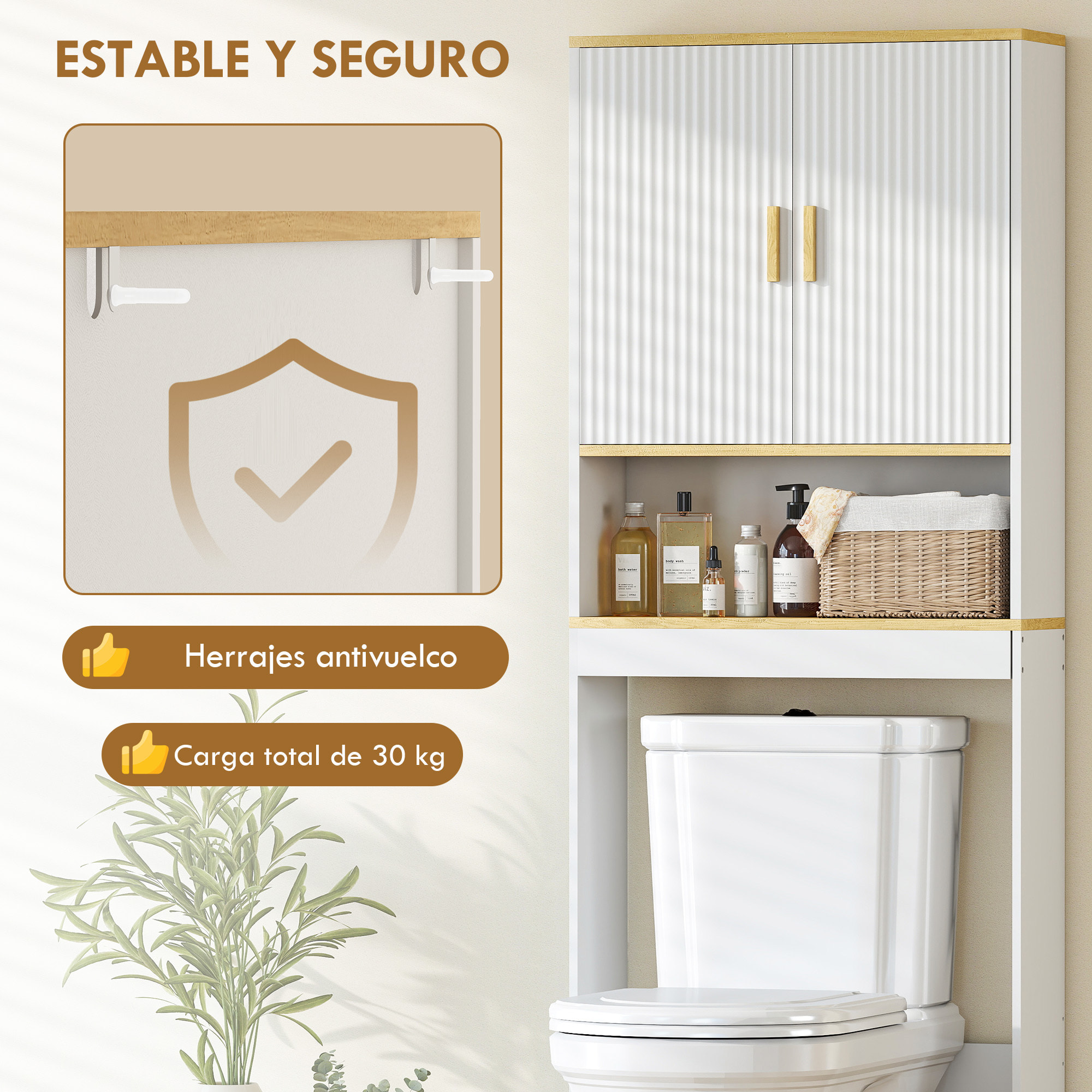 Estantería para Baño sobre Inodoro, Mueble Organizador de Baño de 3 Niveles con Estante Abierto, 2 Puertas y Estante Ajustable, 64x20x170,5 cm, Blanco